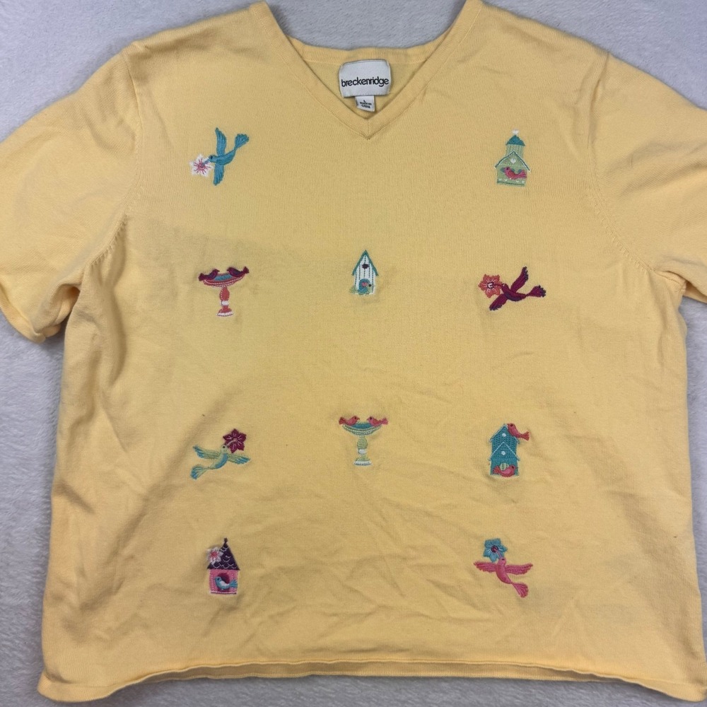 Breckenridge Yellow Cotton Knit Sweater V-Neck Embroidered Bird Birdhouse Large